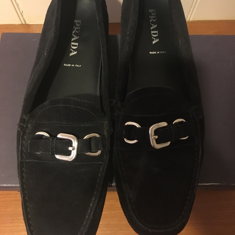 Prada Black Suede Loafers with Silver Buckle - Picture 8 of 8